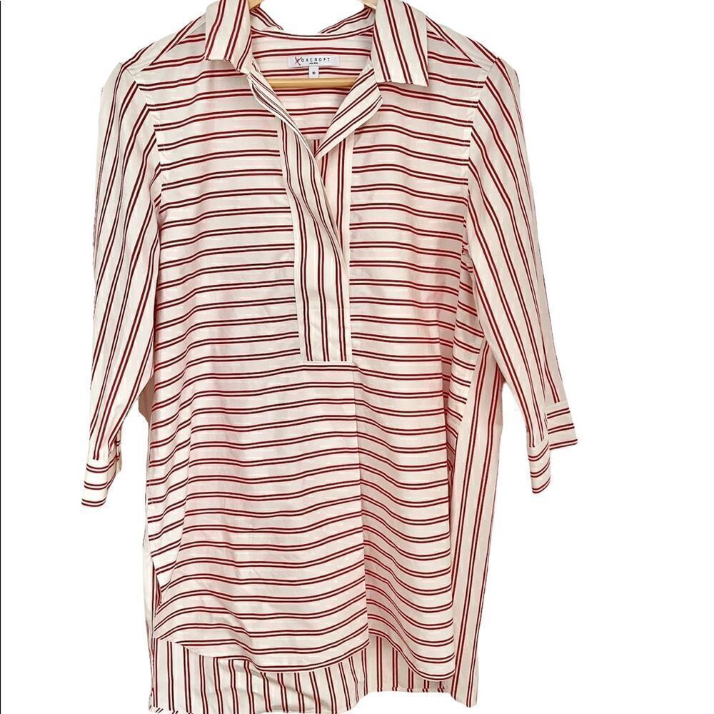 Foxcroft Summer Breezy Tunic, Non Iron, White and Red Stripe Open V-Neck